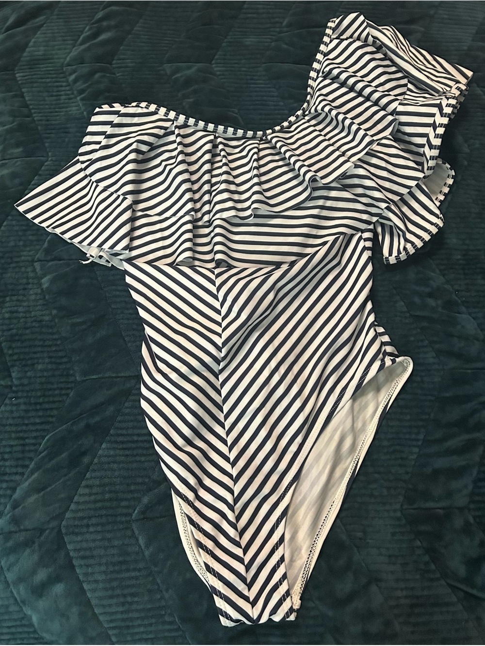 Women’s Navy and White Striped One-Piece Swimsuit with Ruffle